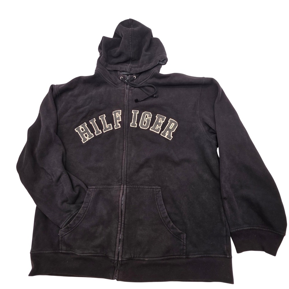 Vintage Y2K Tommy Hilfiger Full Zip Hoodie Men XL Black Logo Fleece Sweatshirt *